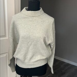 Elegant Grey-Cream Sweater with Pearl Accents